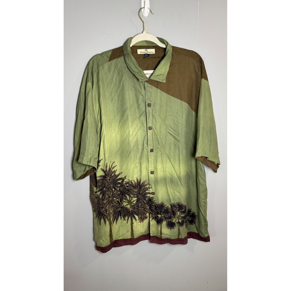 Tommy Bahama Mens XL Silk Palm Tree Herringbone Camp Shirt Green Brown Aloha